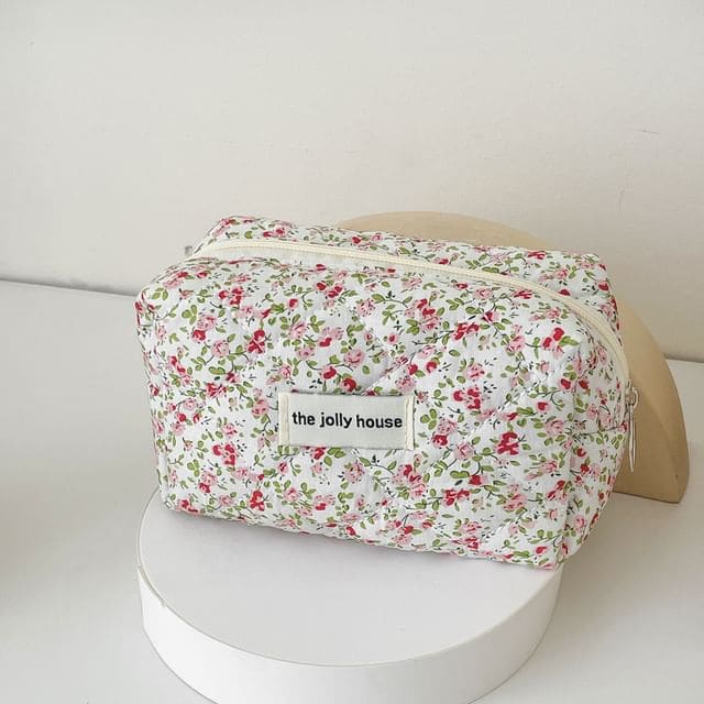 Floral Fabric Makeup Bag / Pencil Case - Red Floral - White