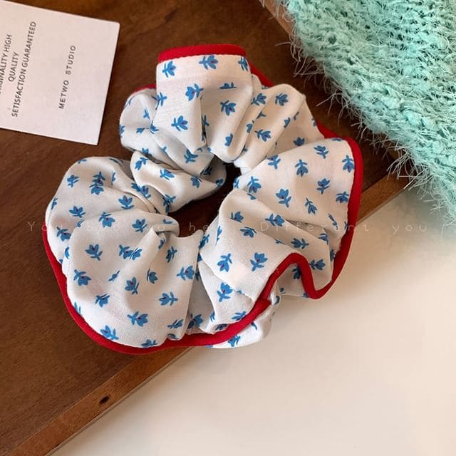 Floral Fabric Scrunchie - 632 - Blue Floral - White