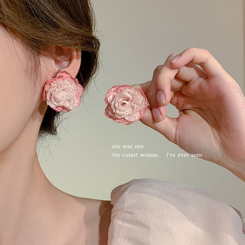 Floral Fabric Stud Earring - 1 Pair - 925 Silver Stud