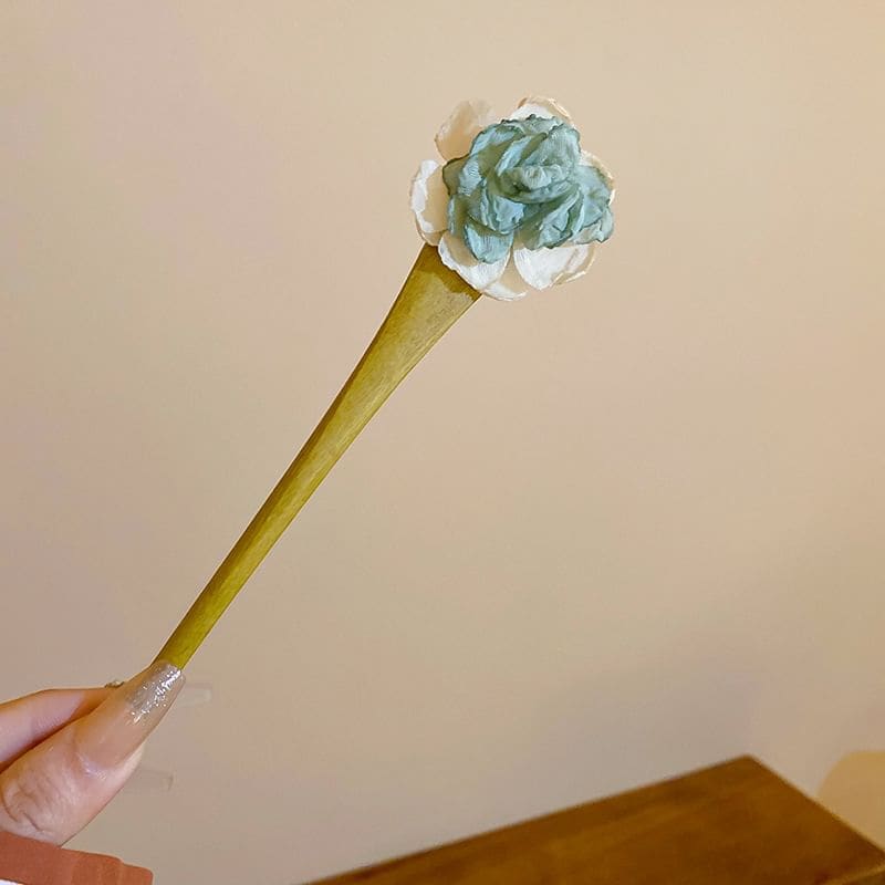 Floral Fabric Wooden Hair Stick - Yellow & Green / One Size