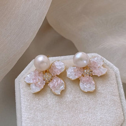 Floral Faux Crystal Faux Pearl Alloy Drop Earring - 1 Pair