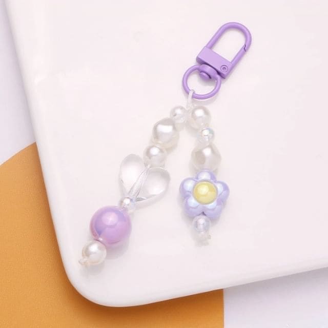 Floral Faux Pearl Bag Charm Keyring - Q1286-4 - Purple