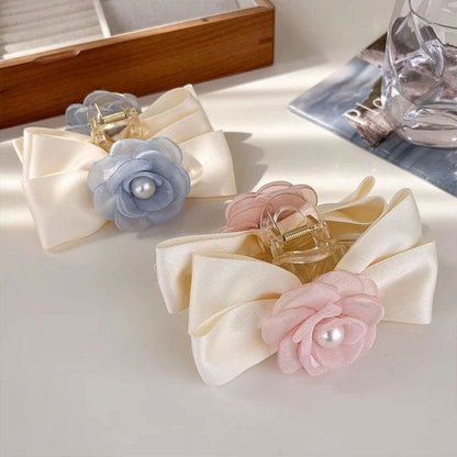 Floral Faux Pearl Bow Hair Claw