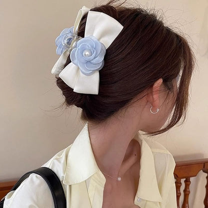 Floral Faux Pearl Bow Hair Claw