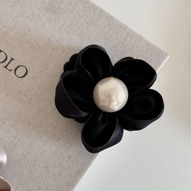 Floral Faux Pearl Hair Tie - Black / One Size