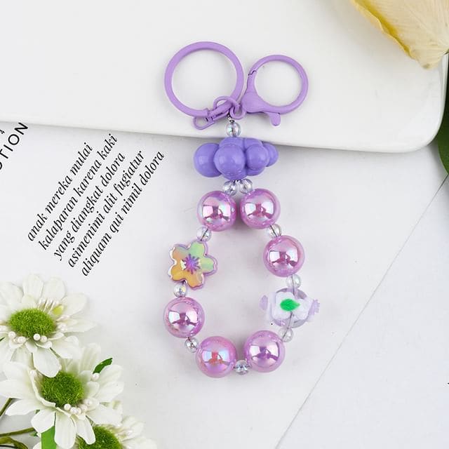 Floral Faux Pearl Keyring - Q1626-1 - Purple / One Size