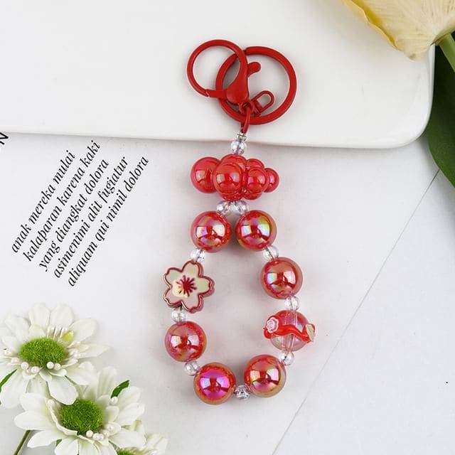 Floral Faux Pearl Keyring - Q1626-3 - Red / One Size