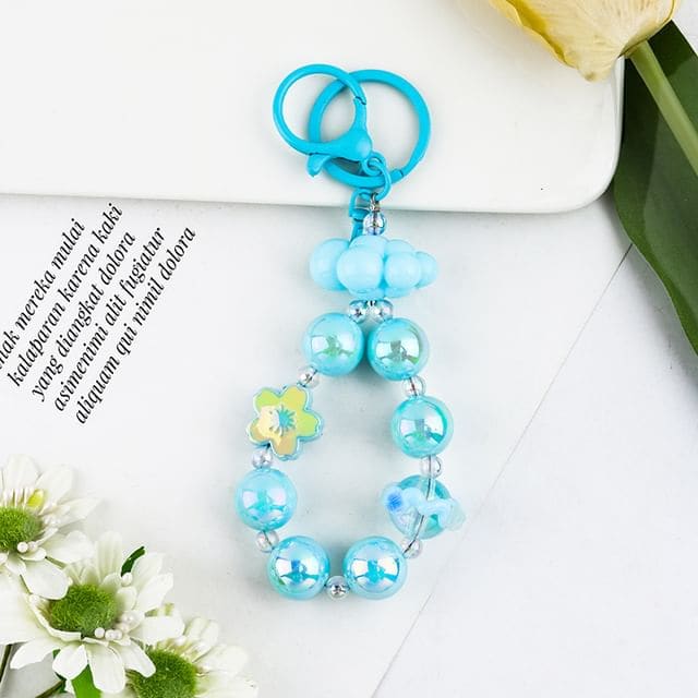 Floral Faux Pearl Keyring - Q1626-6 - Blue / One Size