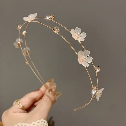 Floral Faux Pearl Layered Alloy Headband - Pink / One Size