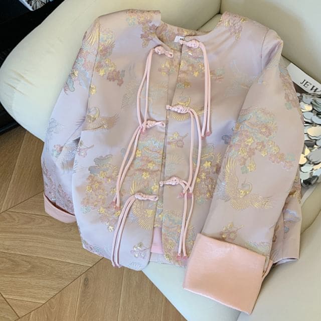 Floral Frog-Button Hanfu Jacket - Pink / S