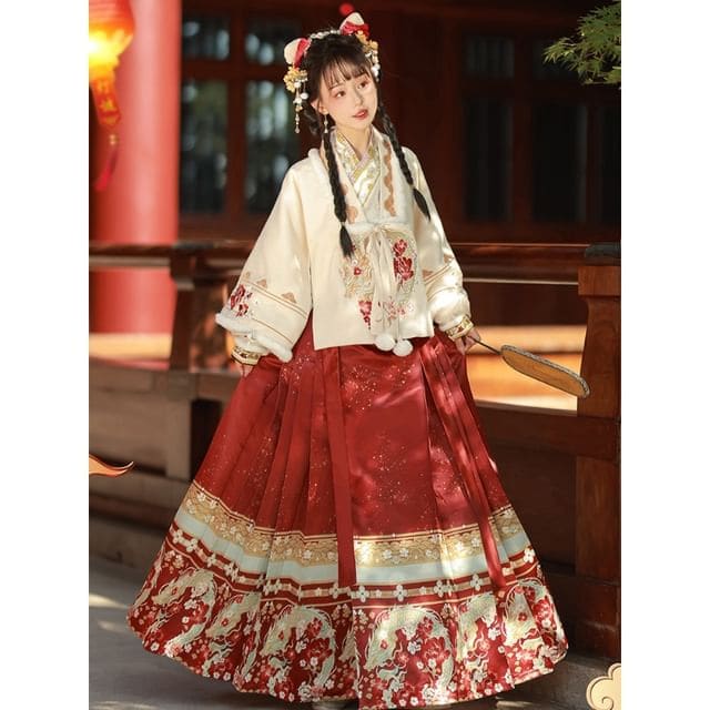 Floral Hanfu Costume Set - Set of 3 - Coat & Top & Skirt