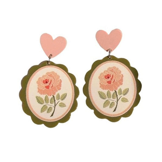 Floral Heart Acrylic Earrings - Standart / Pink/green