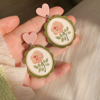 Floral Heart Acrylic Earrings - Standart / Pink/green