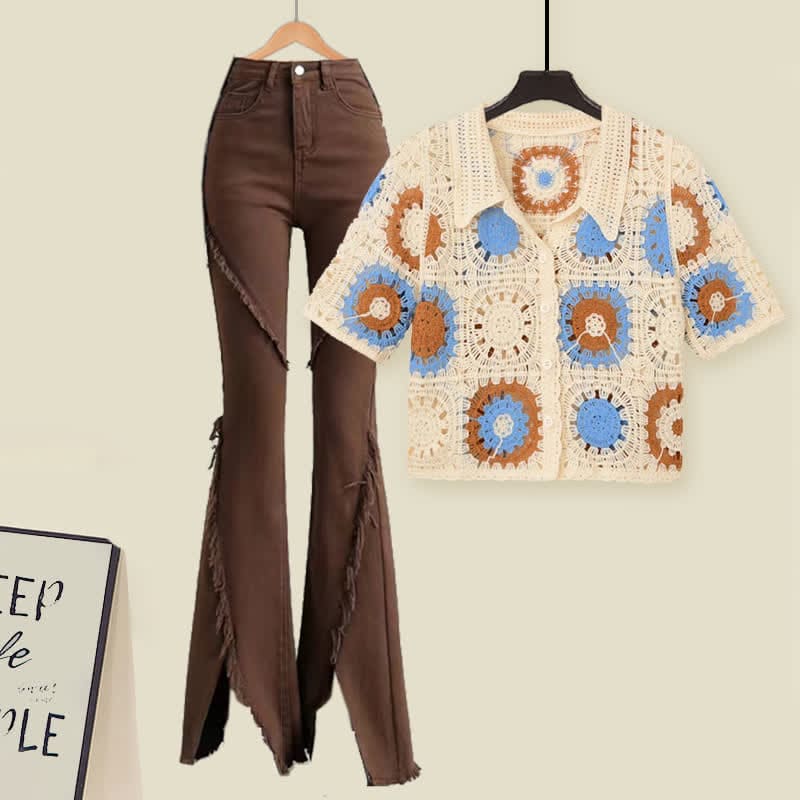 Floral Hollow T-Shirt Fringed Split Denim Pants Set - Set