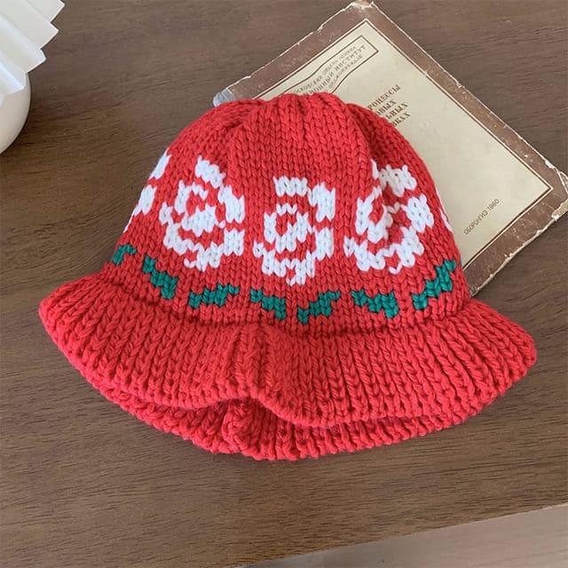 Floral Knit Bucket Hat - Red / M