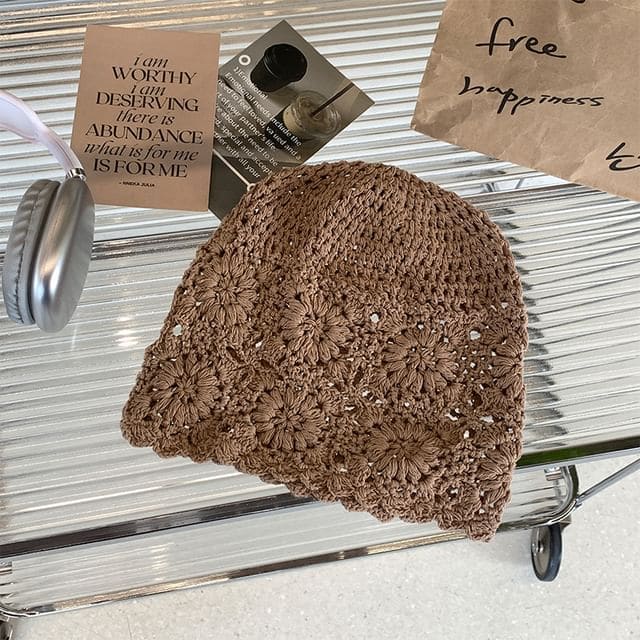 Floral Knit Hat - Coffee / One Size