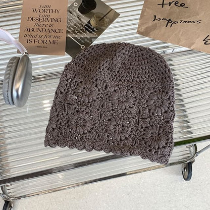 Floral Knit Hat - Gray / One Size