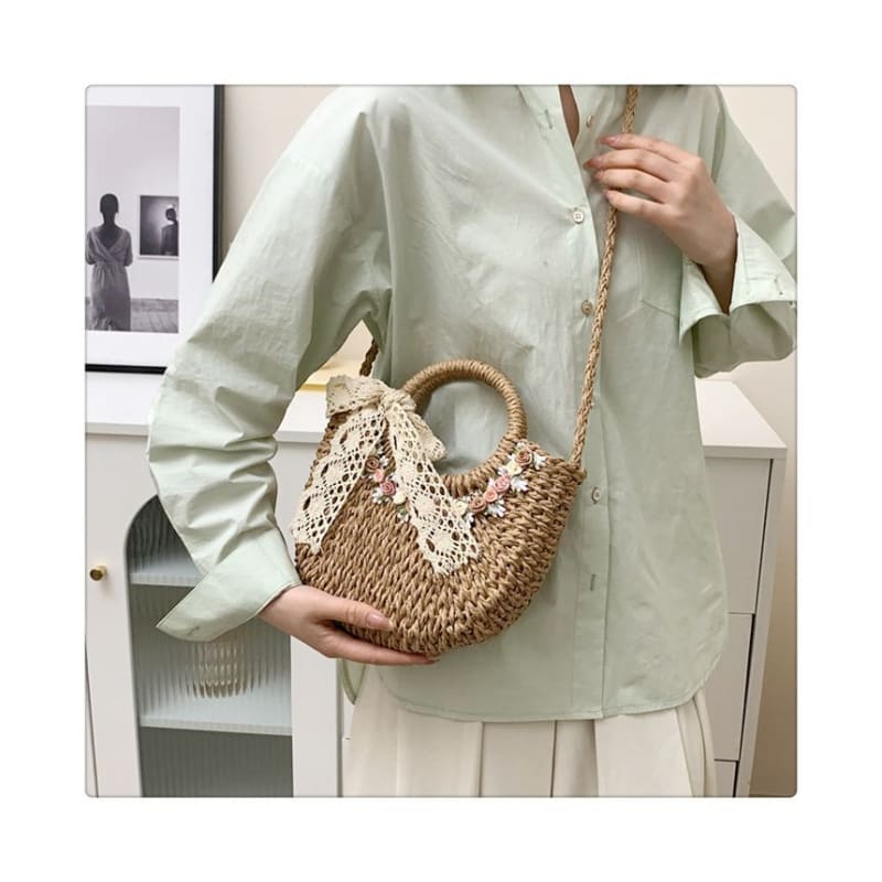 Floral Lace Bow Top Handle Crossbody Bag