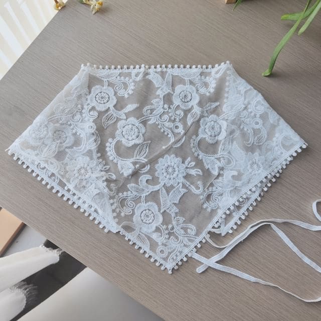 Floral Lace Triangle Head Scarf - Bean - Light - White