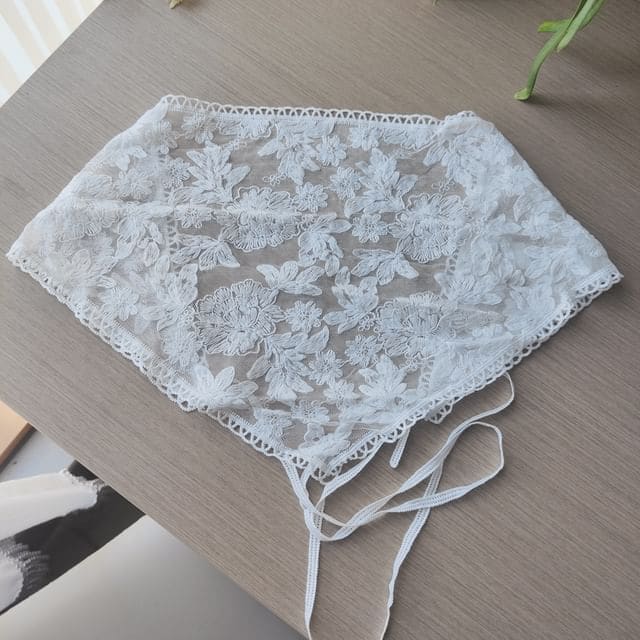 Floral Lace Triangle Head Scarf - Cutout - Light - White