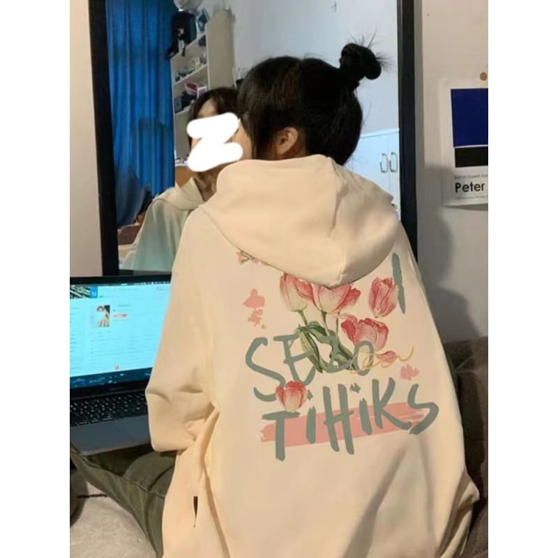 Floral Lettering Print Fleece-Lined Hoodie