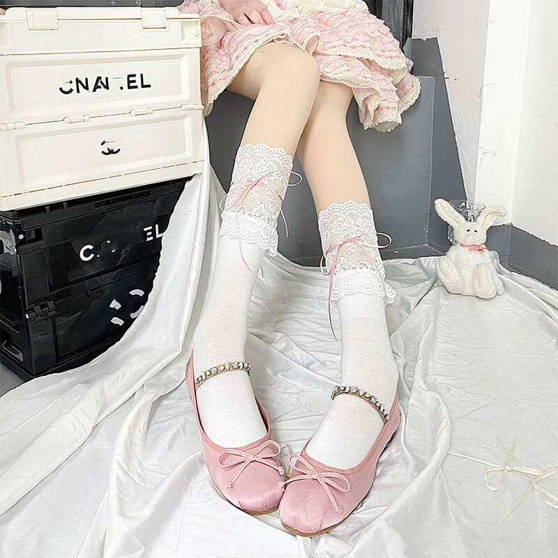 Floral Lolita Lace Stockings - White stockings with Pink