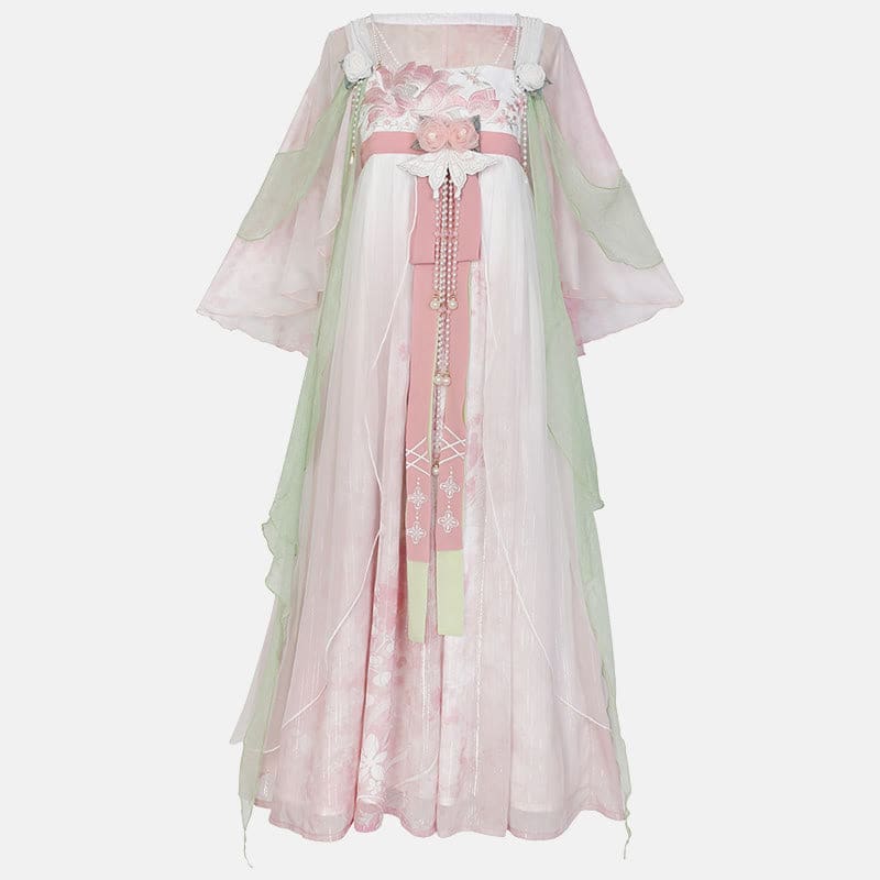 Floral Mesh Dress Hanfu Costume - Pink / S