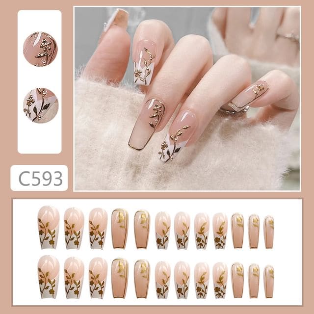 Floral Metallic Press On Nail - C593 - Glue Edition - Light