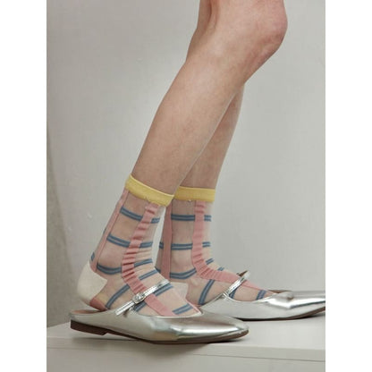 Floral Patterned Mesh Short Socks - Yellow & Pink & White &