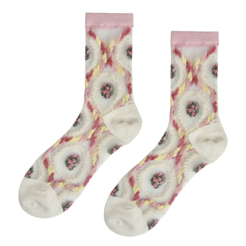 Floral Patterned Mesh Short Socks - Yellow & Pink & White &