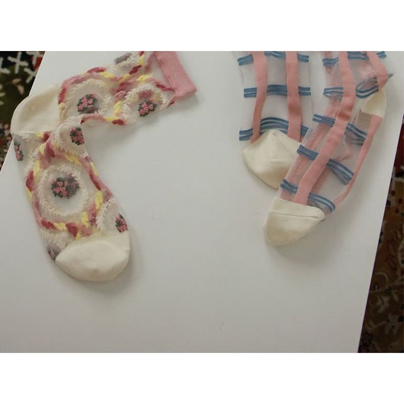 Floral Patterned Mesh Short Socks - Yellow & Pink & White &