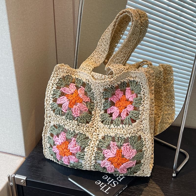 Floral Patterned Straw Tote Bag