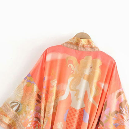 Floral Peacock Mermaid Print Robe Cardigan Outerwear