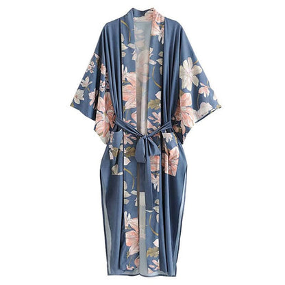 Floral Peacock Mermaid Print Robe Cardigan Outerwear - Blue