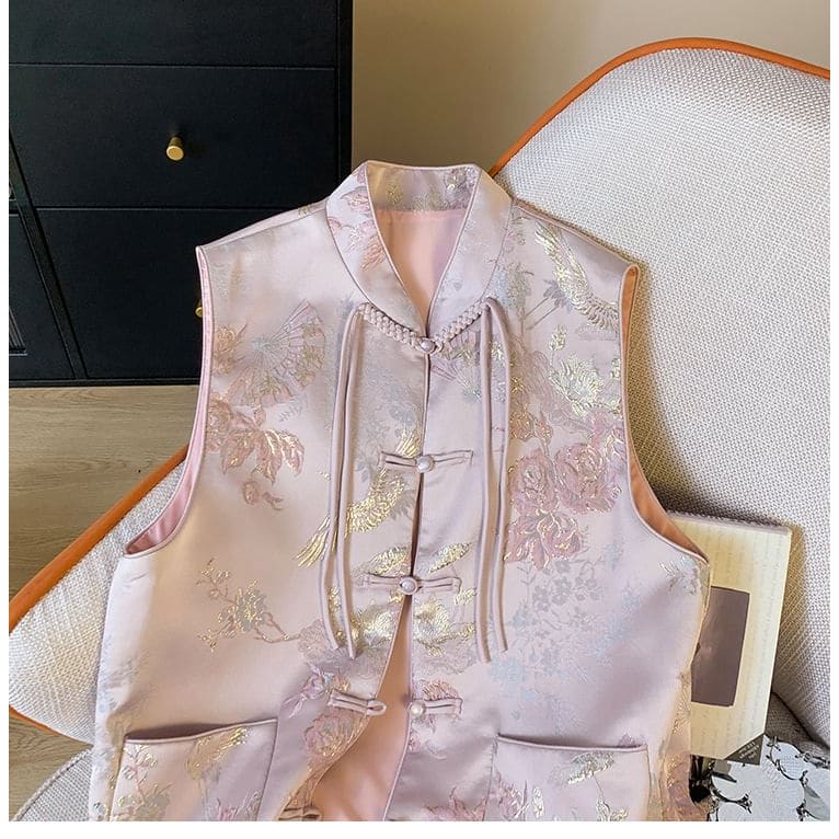 Floral Pocket Detail Frog-Button Single-Breasted Hanfu Vest