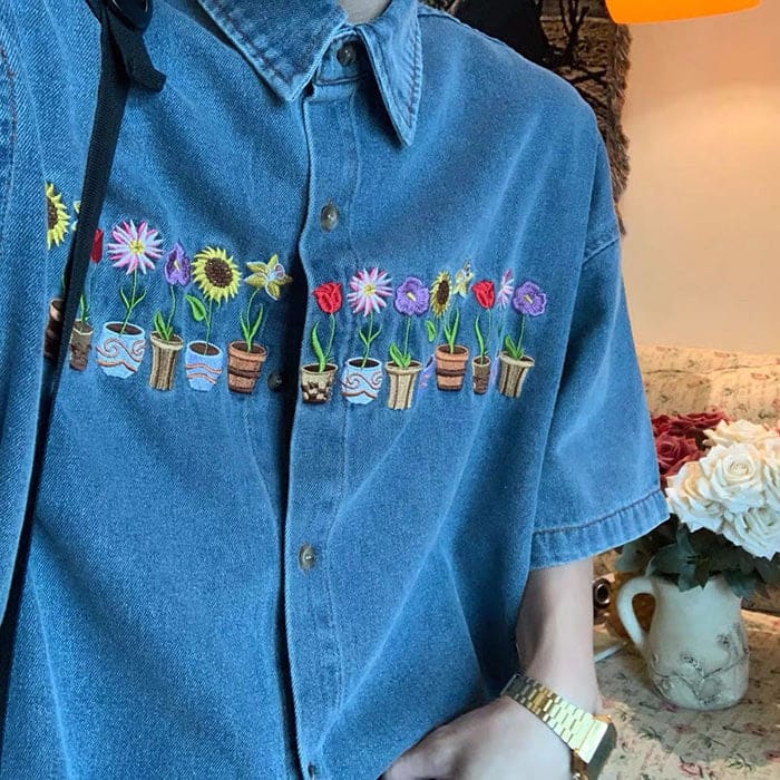 Floral Pots Embroidery Denim Shirt - Shirts