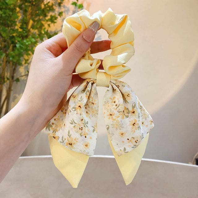 Floral Print Bow Scrunchie - 515 - Bow - Floral - Yellow