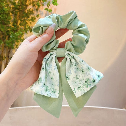 Floral Print Bow Scrunchie - 516 - Bow - Floral - Green