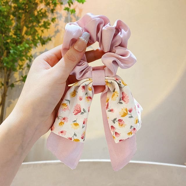 Floral Print Bow Scrunchie - 517 - Bow - Floral - Pink