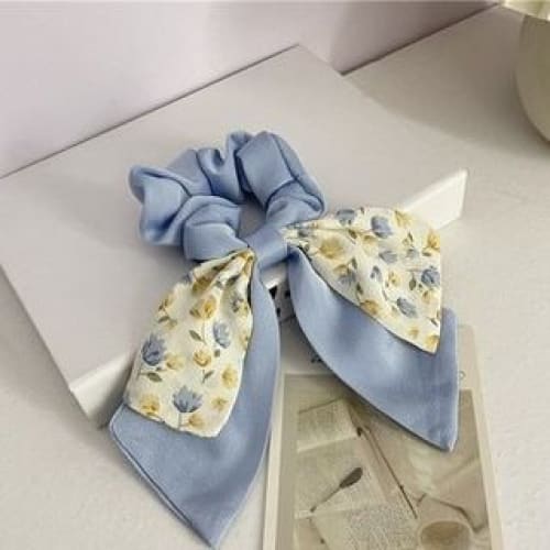 Floral Print Bow Scrunchie - 518 - Bow - Floral - Blue