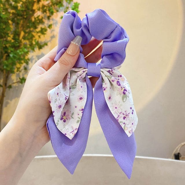 Floral Print Bow Scrunchie - 519 - Bow - Floral - Purple