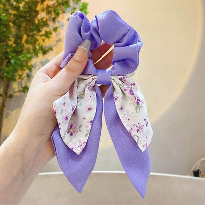 Floral Print Bow Scrunchie - 519 - Bow - Floral - Purple