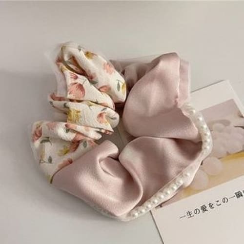 Floral Print Bow Scrunchie - 522 - Hair Tie - Floral - Pink