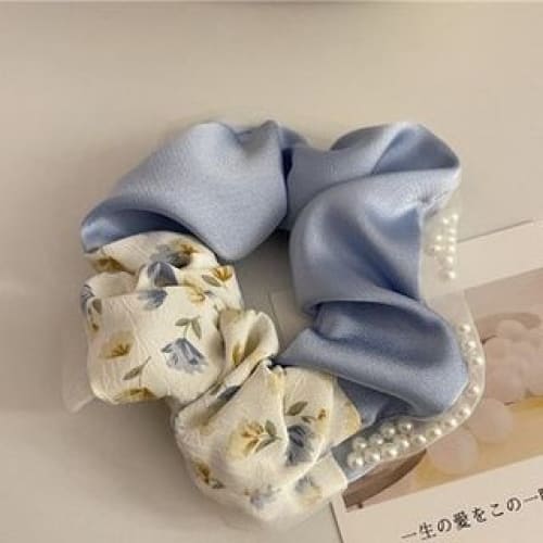 Floral Print Bow Scrunchie - 523 - Hair Tie - Floral - Blue