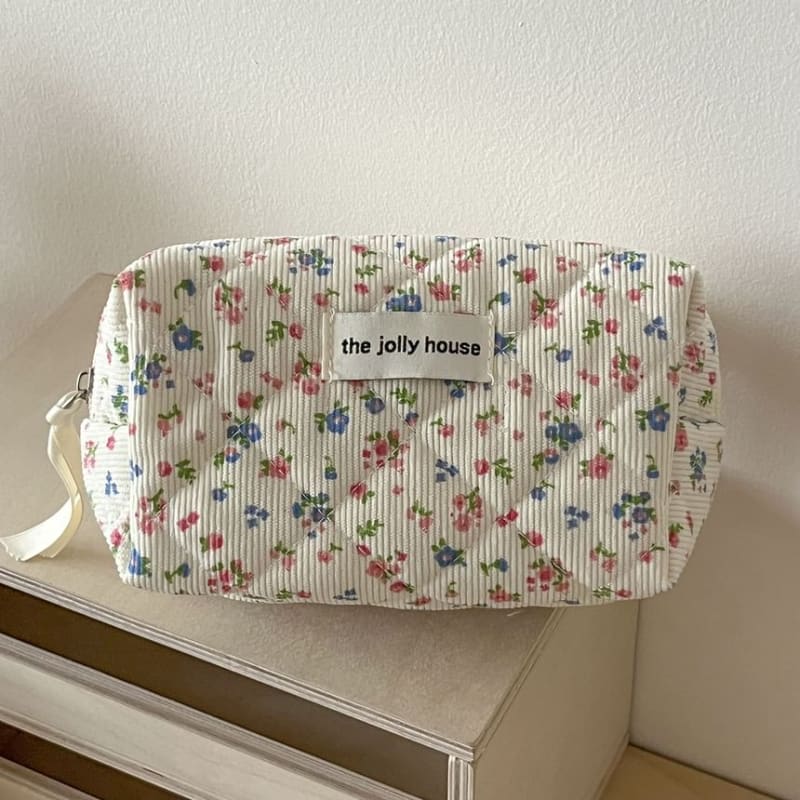 Floral Print Corduroy Pouch / Makeup Bag / Clutch