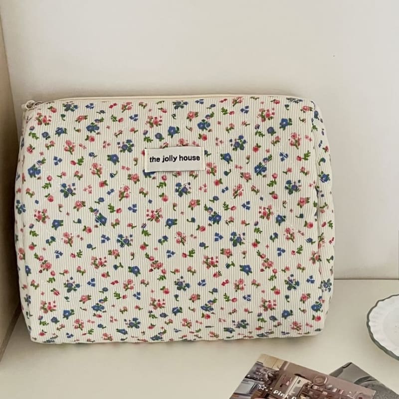 Floral Print Corduroy Pouch / Makeup Bag / Clutch