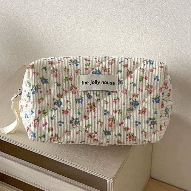 Floral Print Corduroy Pouch / Makeup Bag / Clutch - Pouch