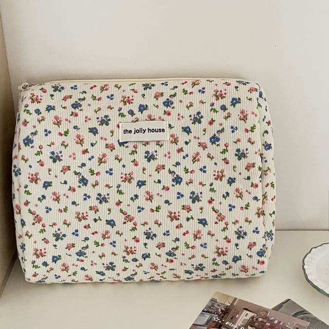 Floral Print Corduroy Pouch / Makeup Bag / Clutch - Clutch