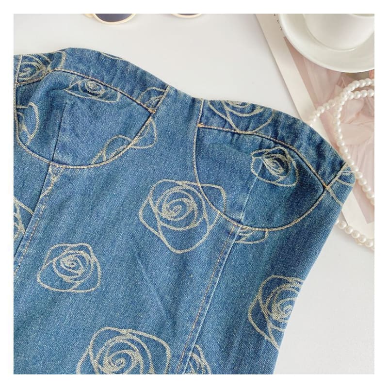 Floral Print Denim Crop Bustier Top