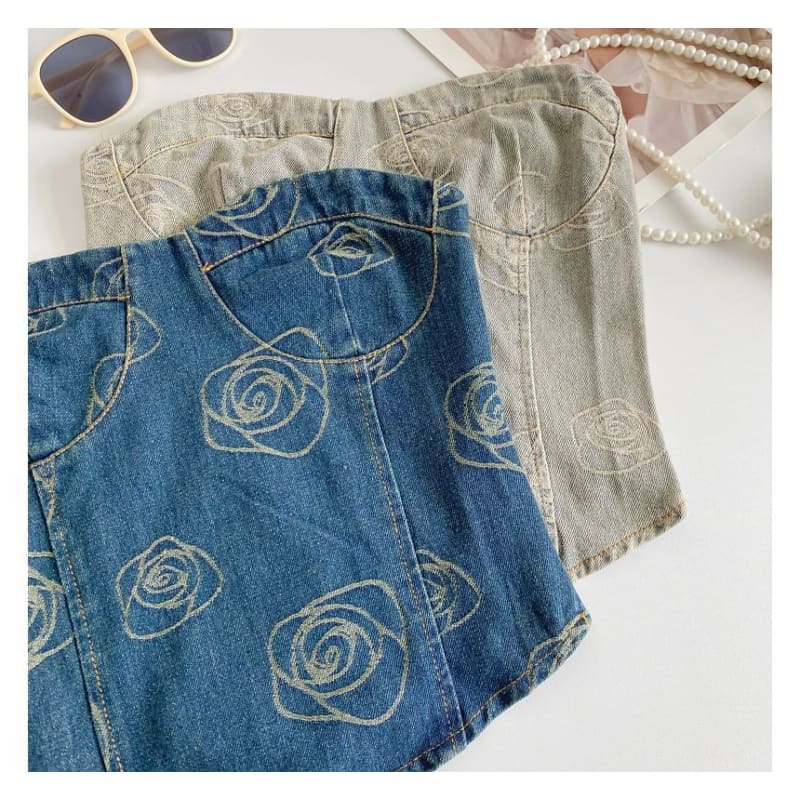 Floral Print Denim Crop Bustier Top